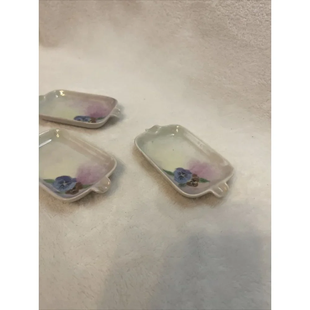 Vintage Hand Painted Pansy Porcelain Ashtrays Set of‎ 3 Lusterware Floral